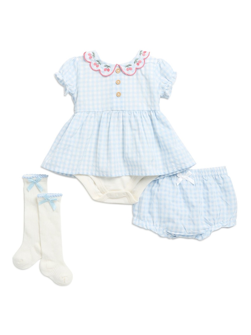 Cherries Embroidered Collar Gingham Dress
